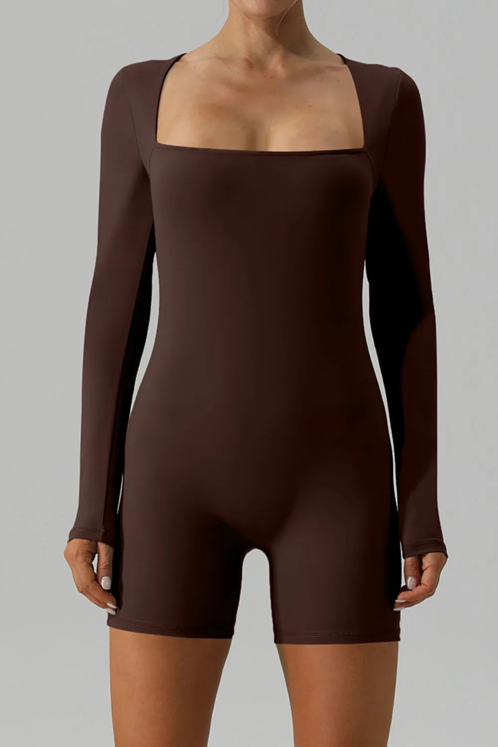 Square Neck Long Sleeve Active Romper Brown - Fashorio