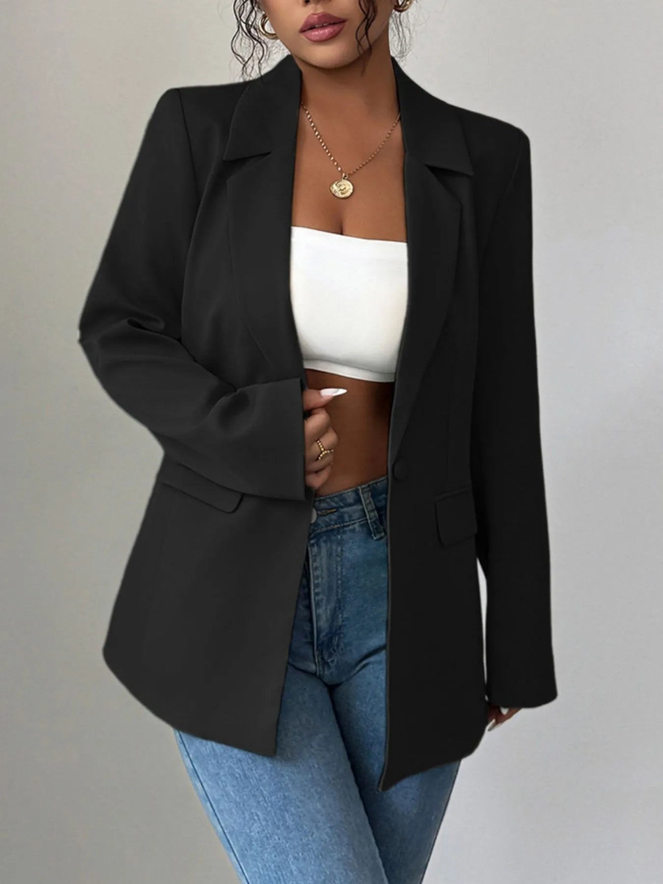 One Button Lapel Collar Blazer Black - Fashorio