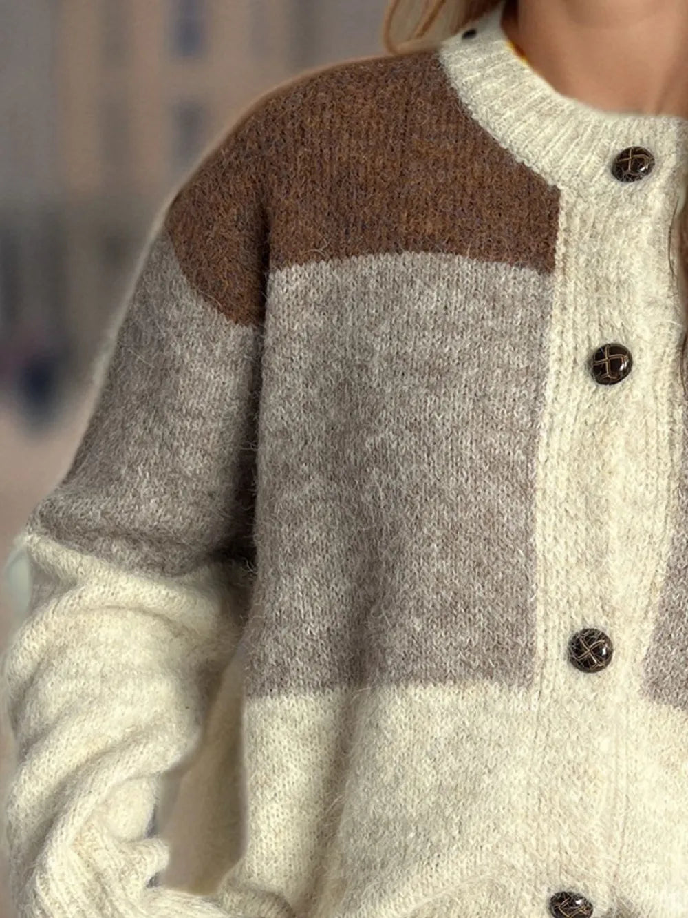 Color Block Round Neck Button Up Cardigan - Fashorio