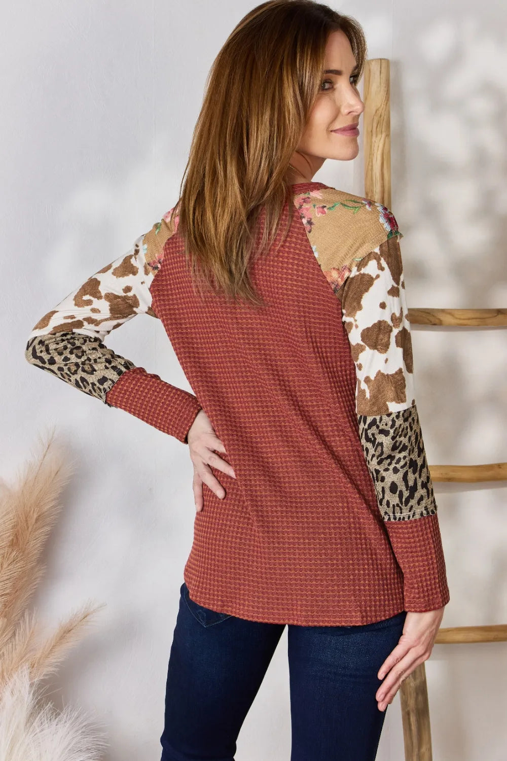 Hailey & Co Full Size Leopard Waffle-Knit Blouse - Fashorio