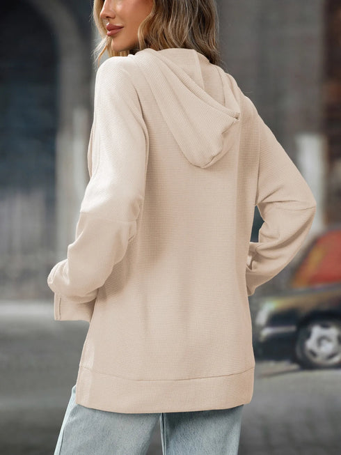 Textured Drawstring Long Sleeve Hoodie - Fashorio