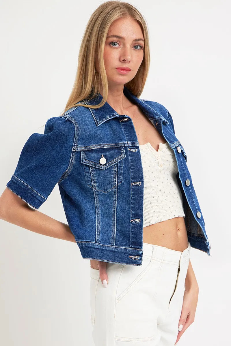 RISEN Puffed Short Sleeve Crop Denim Jackets - Fashorio