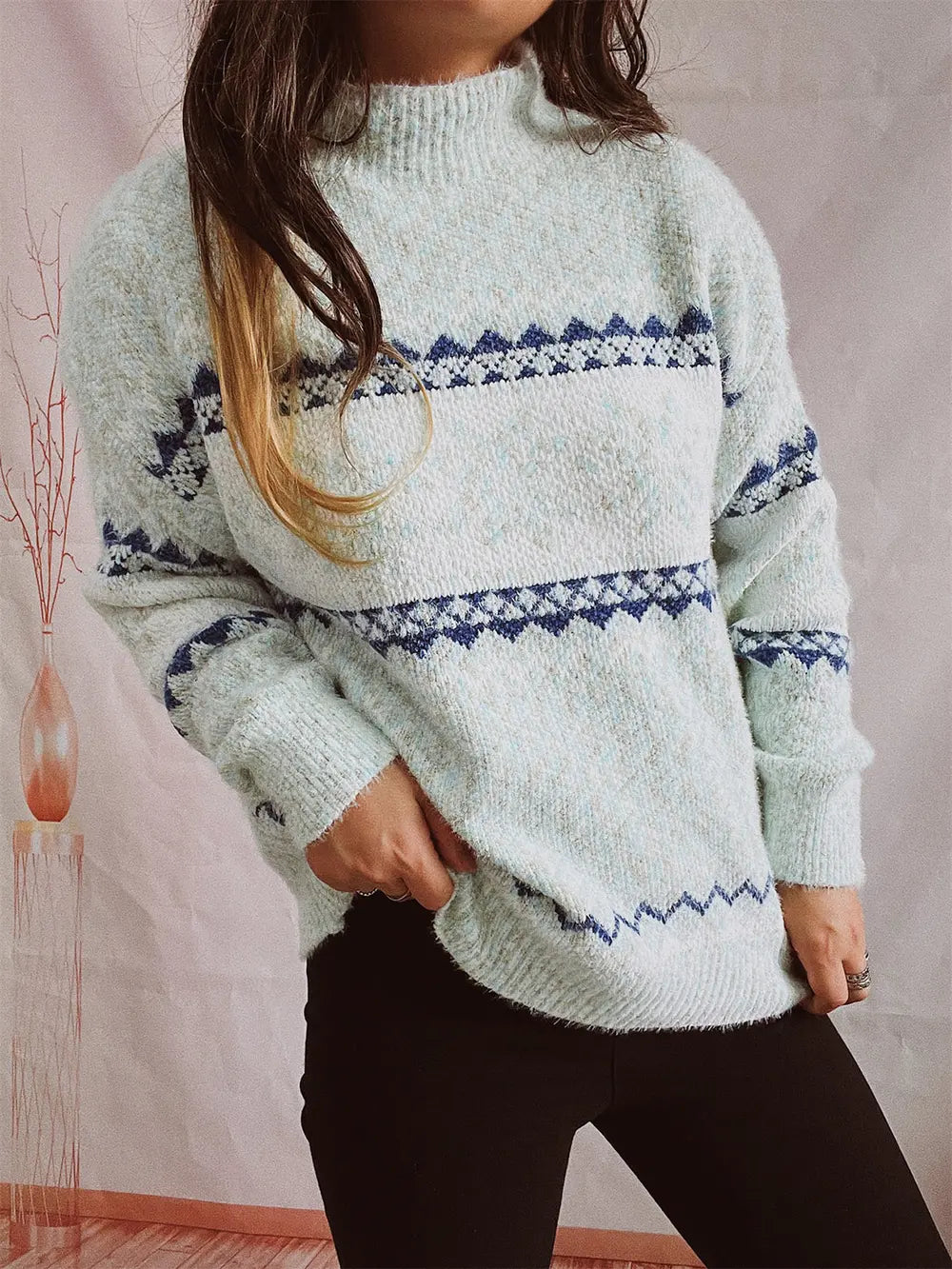 Geometric Mock Neck Dropped Shoulder Sweater - Fashorio