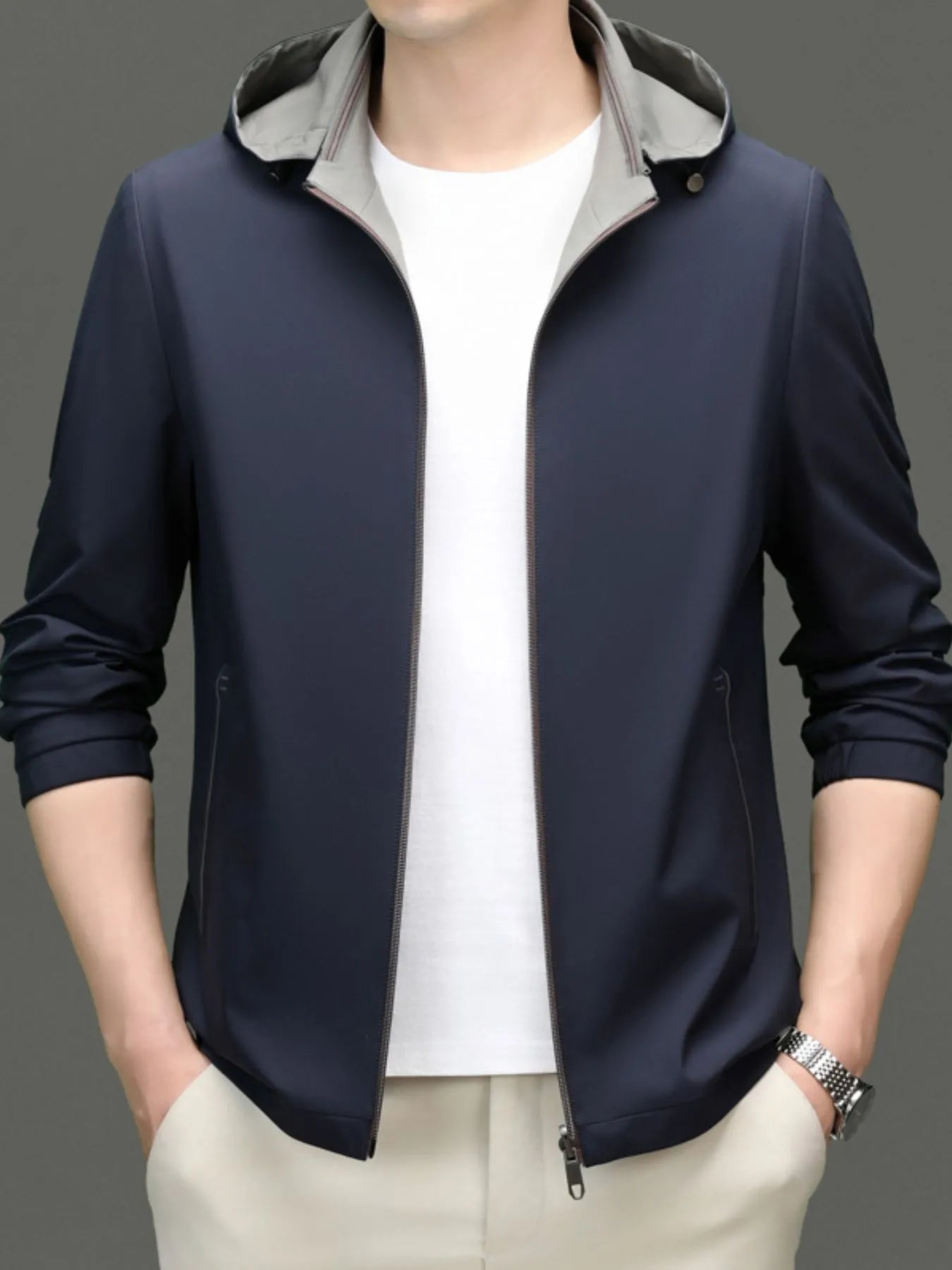 Men's Plus Size Zip Up Long Sleeve Hooded Jacket Blue - Fashorio