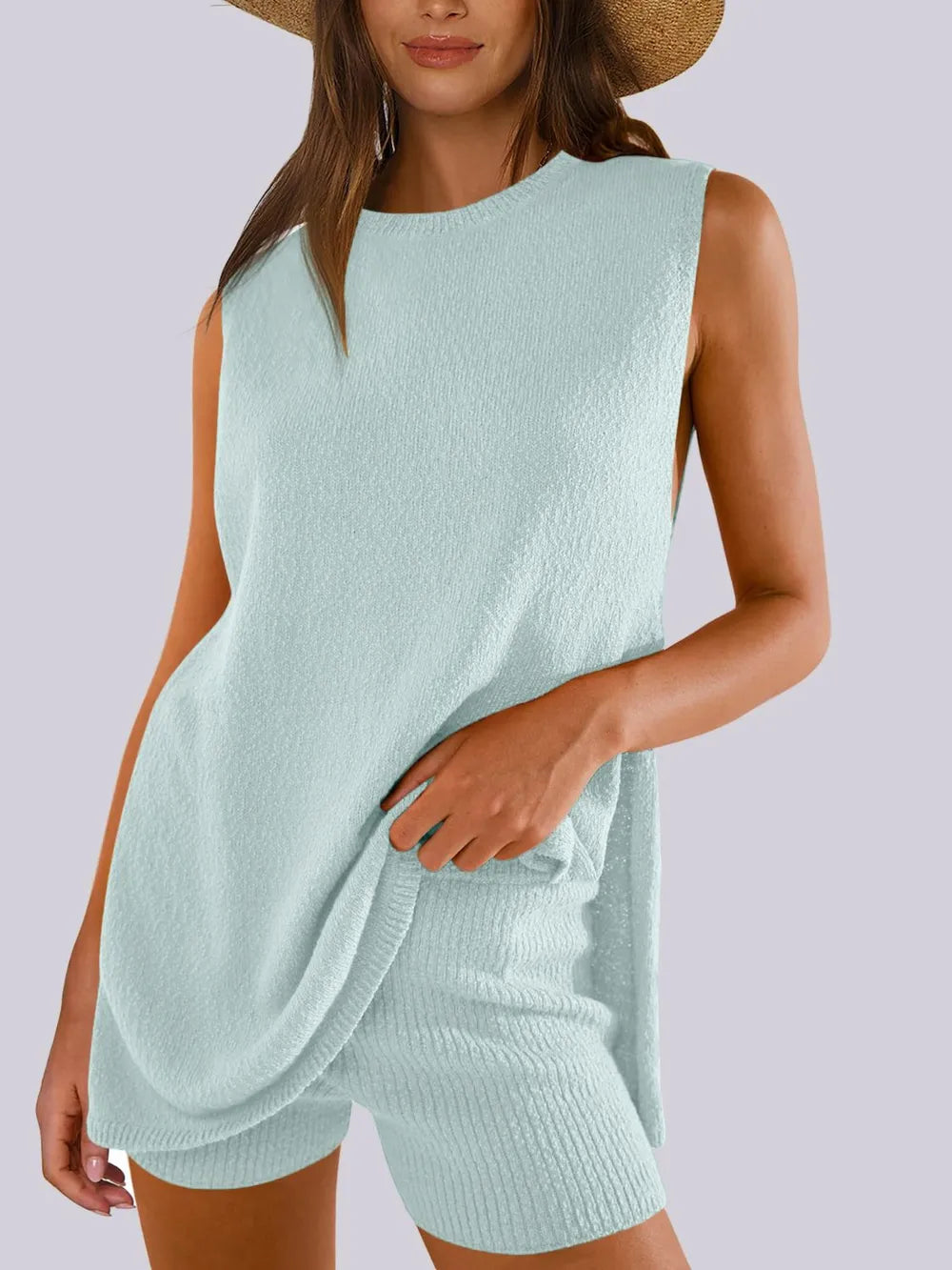 Side Slit Round Neck Tank and Ribbed Shorts Sweater Set Mint Blue - Fashorio