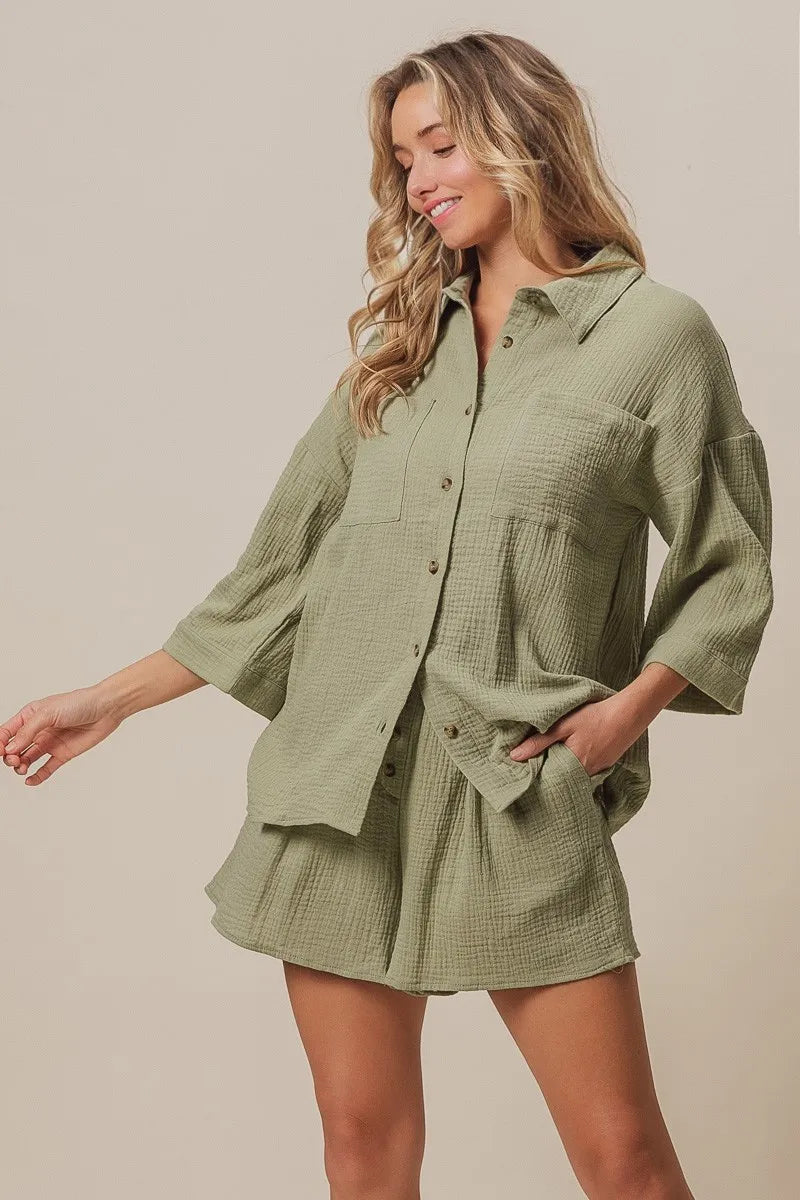 BiBi Crinkle Gauze Shirt and Short Set - Fashorio