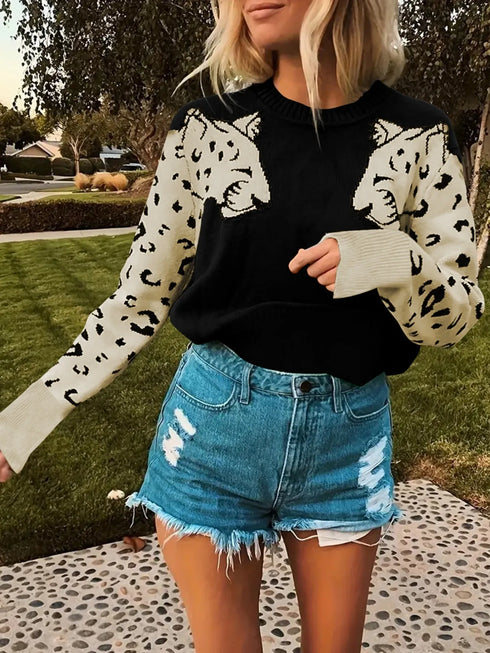 Leopard Round Neck Sweater Black - Fashorio
