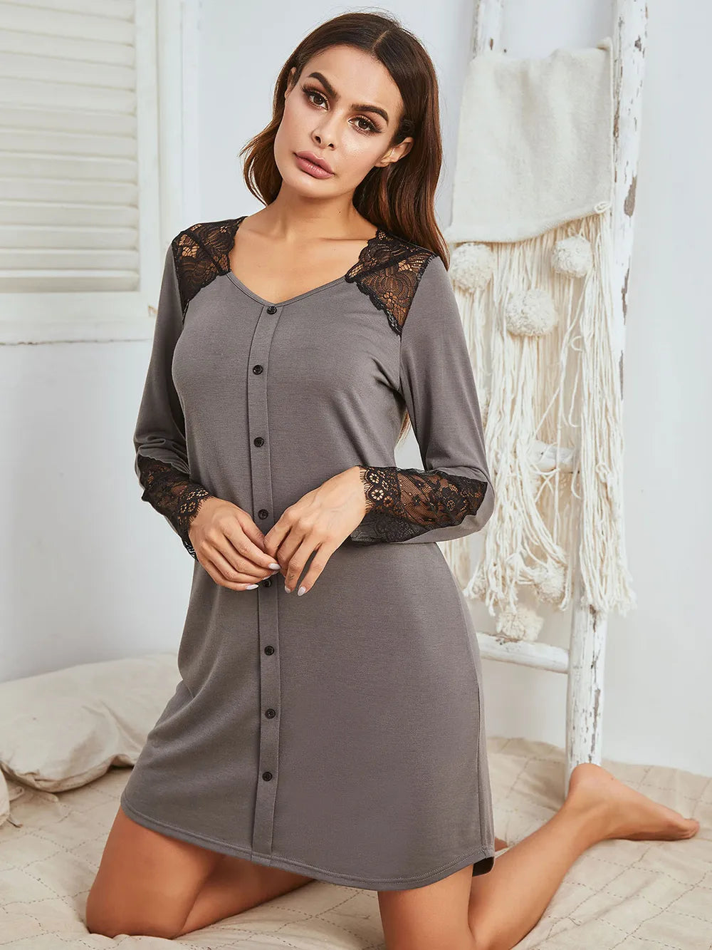 Lace Detail Long Sleeve Mini Lounge Dress - Fashorio
