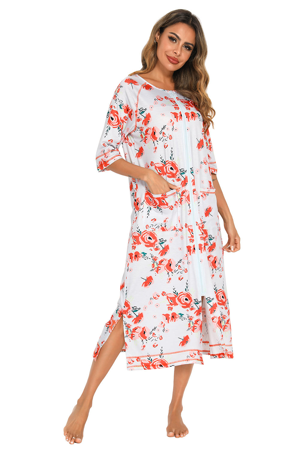 Printed Slit Night Dress with Pockets - Fashorio