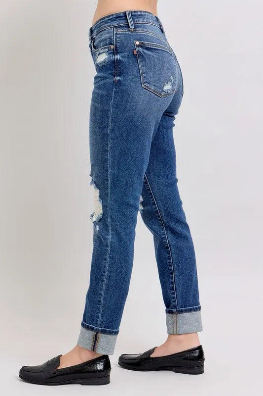 Judy Blue Full Size Mid Rise Boyfriend destroy Jeans with Yoke Pockets and Faux Selvedge Cuff Plus Size - Fashorio