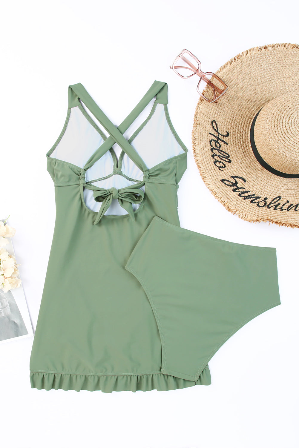 Tie Back Sleeveless Swim Dress and Bottoms Set - Fashorio