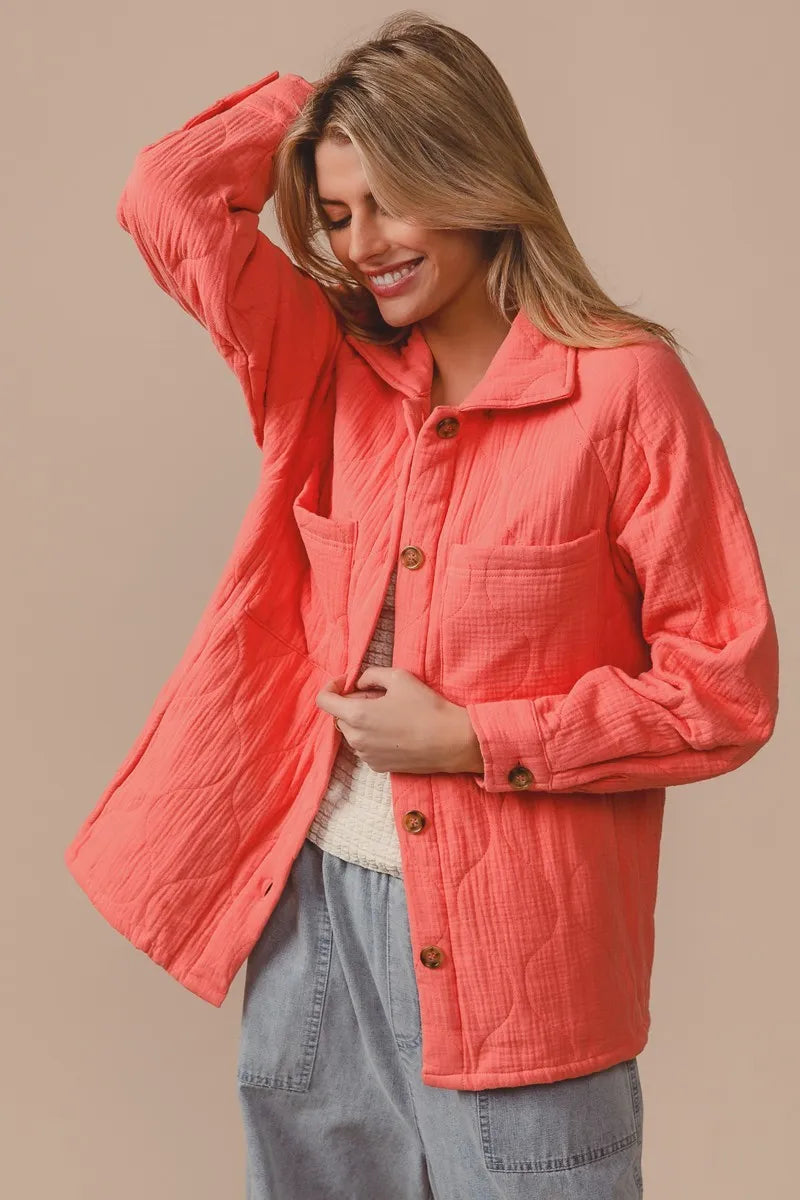 BiBi Quilted Gauze Shacket – Oversized Buttoned Long Sleeve - Fashorio