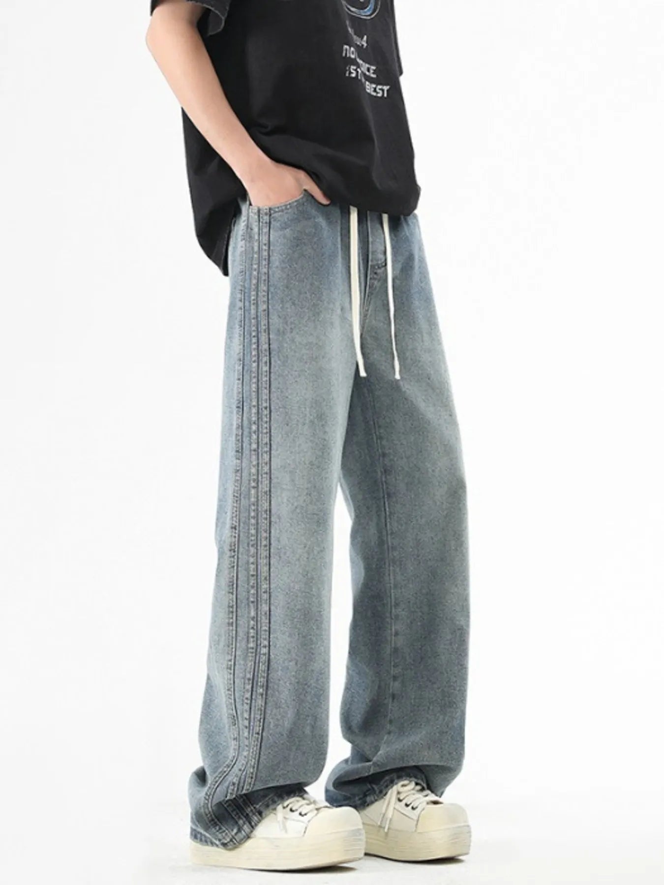 Men's Plus Size Drawstring Washed Wide Leg Jeans Blue - Fashorio