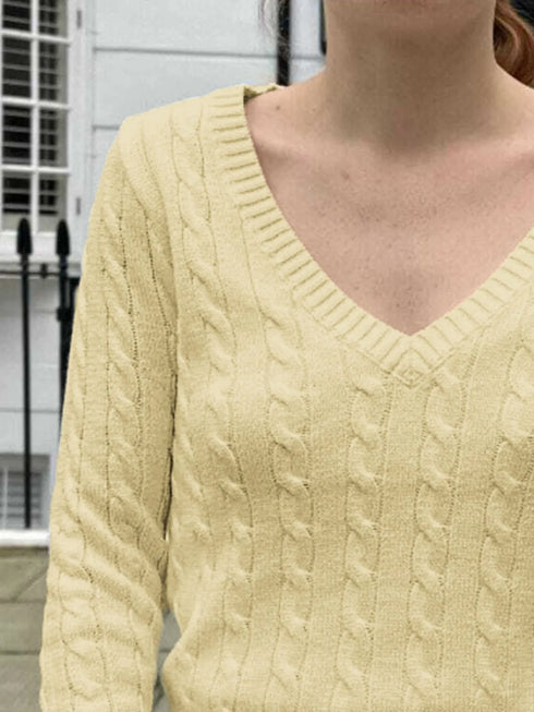 Cable Knit V-Neck Sweater - Fashorio