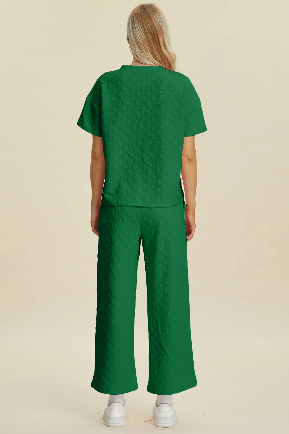 Double Take Full Size Texture Round Neck Short Sleeve Top and Pants Set - Fashorio