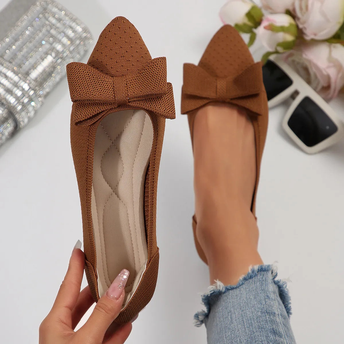 Bow Point Toe Slip-Ons Brown - Fashorio