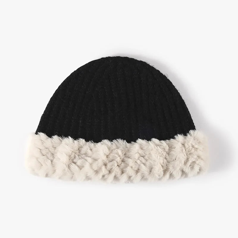 Fuzzy Hem Knit Hat Black One Size - Fashorio