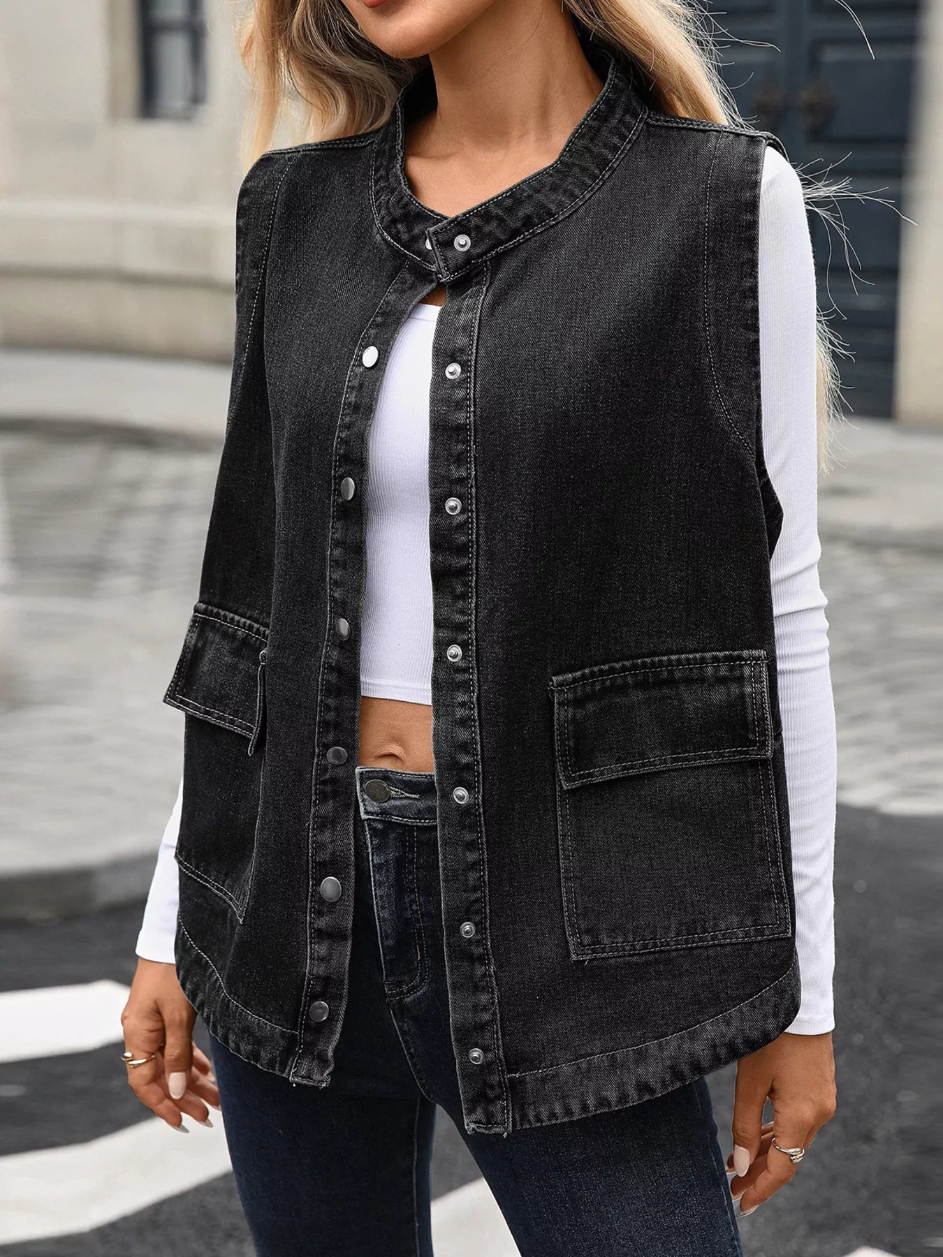 Snap Down Sleeveless Denim Jacket with Pockets Black - Fashorio