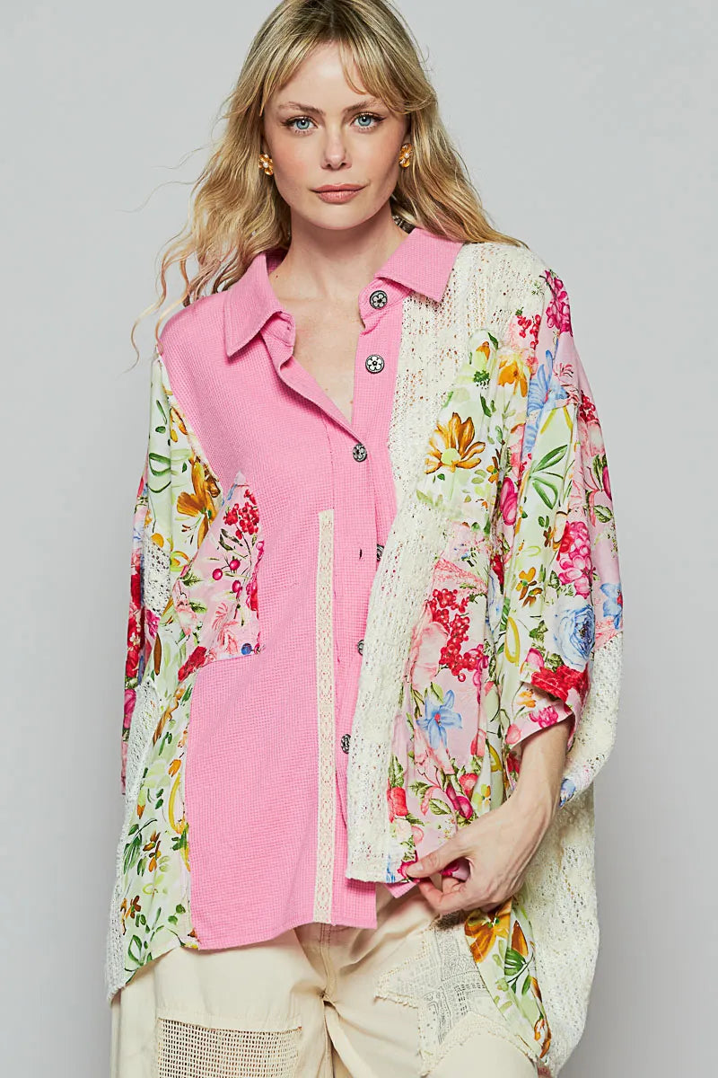 POL Thermal and Crochet Lace Mix Shirt with Floral Pattern - Fashorio