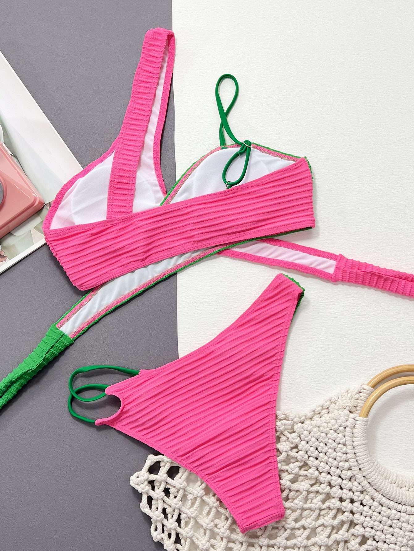 Contrast One-Shoulder Two-Piece Swim Set - Fashorio