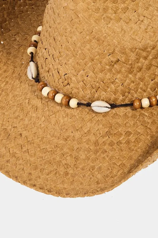 Fame Beaded Cowrie Shell Straw Weave Western Cowboy Hat - Fashorio