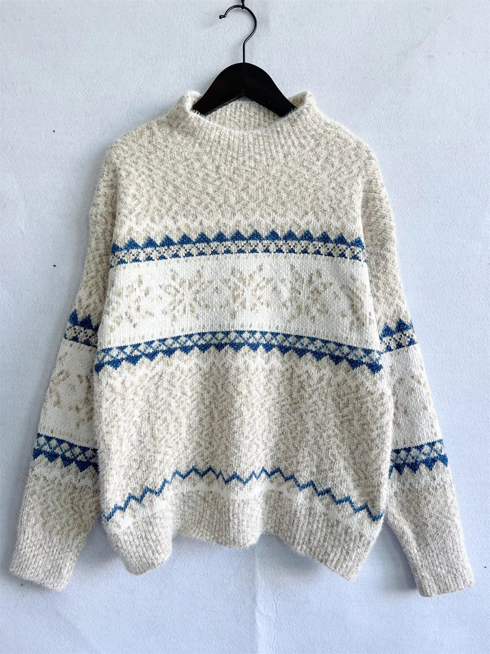 Geometric Mock Neck Dropped Shoulder Sweater - Fashorio