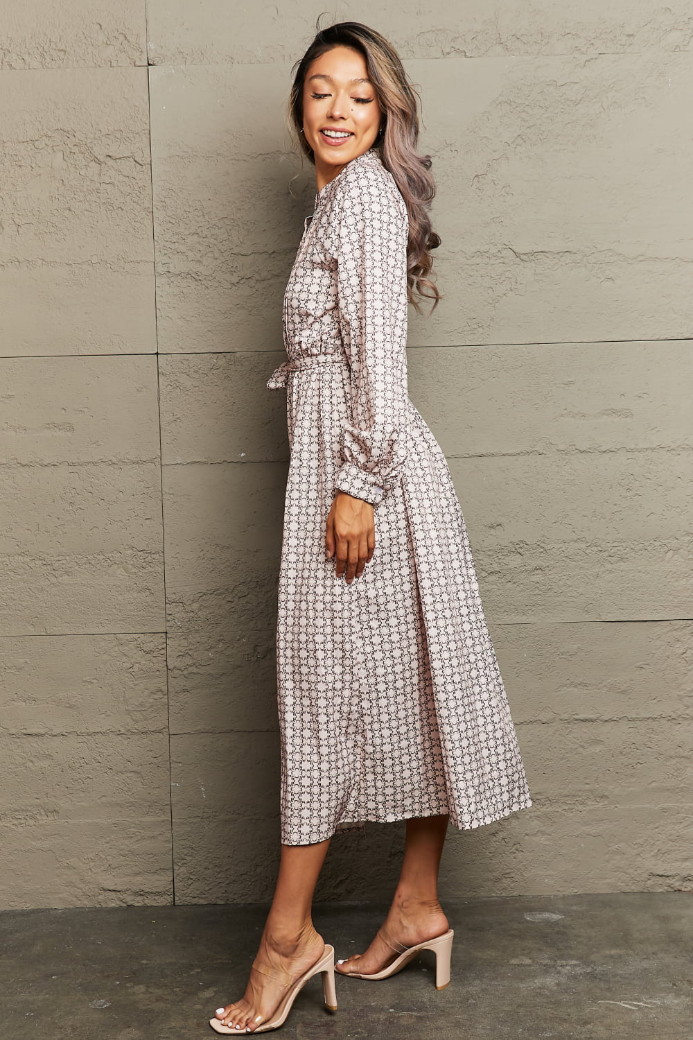 Printed Tie-Waist Long Sleeve Midi Dress – Casual A-Line Style - Fashorio