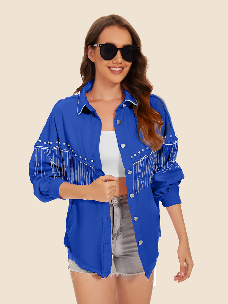 Raw Hem Fringe Detail Denim Jacket Royal Blue - Fashorio