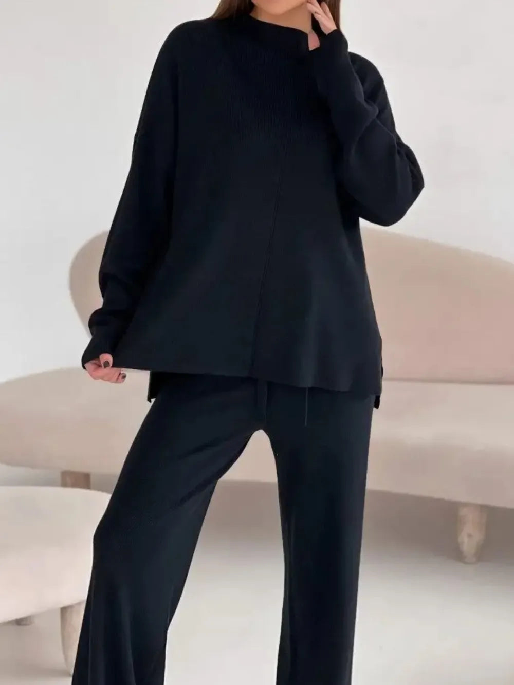 Slit Mock Neck Top and Pants Sweater Set - Fashorio