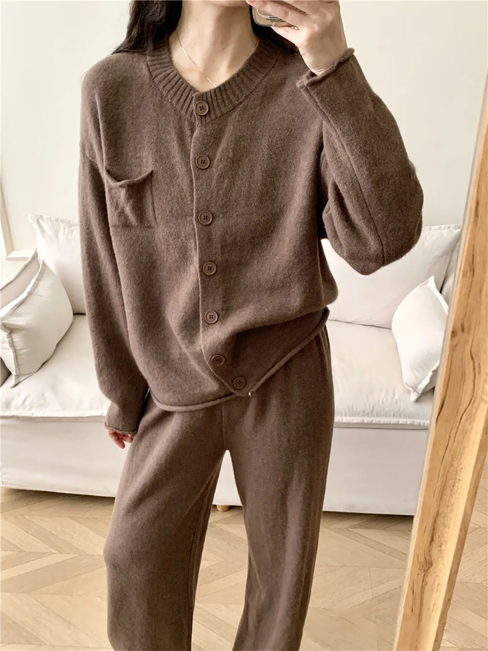 Pocketed Round Neck Button Up Cardigan and Pants Sweater Set Taupe One Size - Fashorio