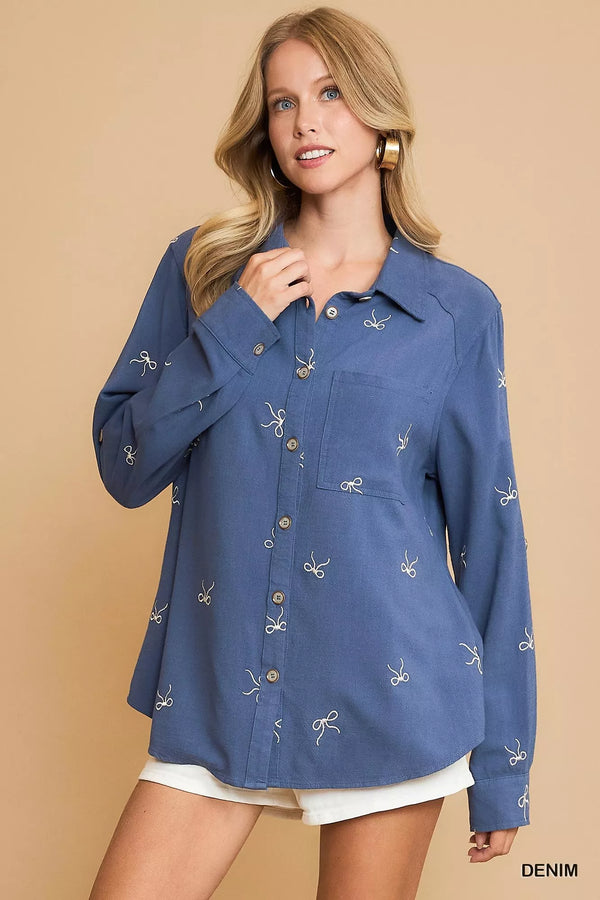 Umgee Linen Blend Fitted Shirt with Ribbon Embroidery Details DENIM - Fashorio