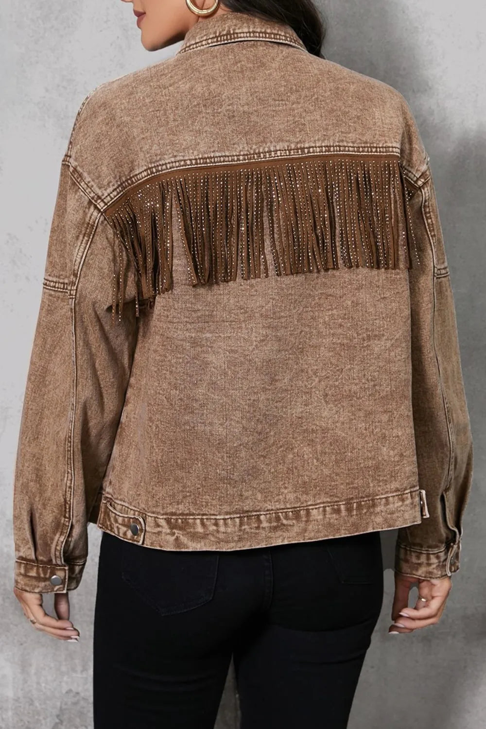 Fringe Trim Snap Down Denim Jacket - Fashorio