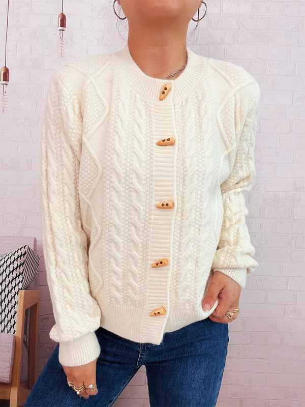 Cable Knit Button-Up Cardigan White One Size - Fashorio