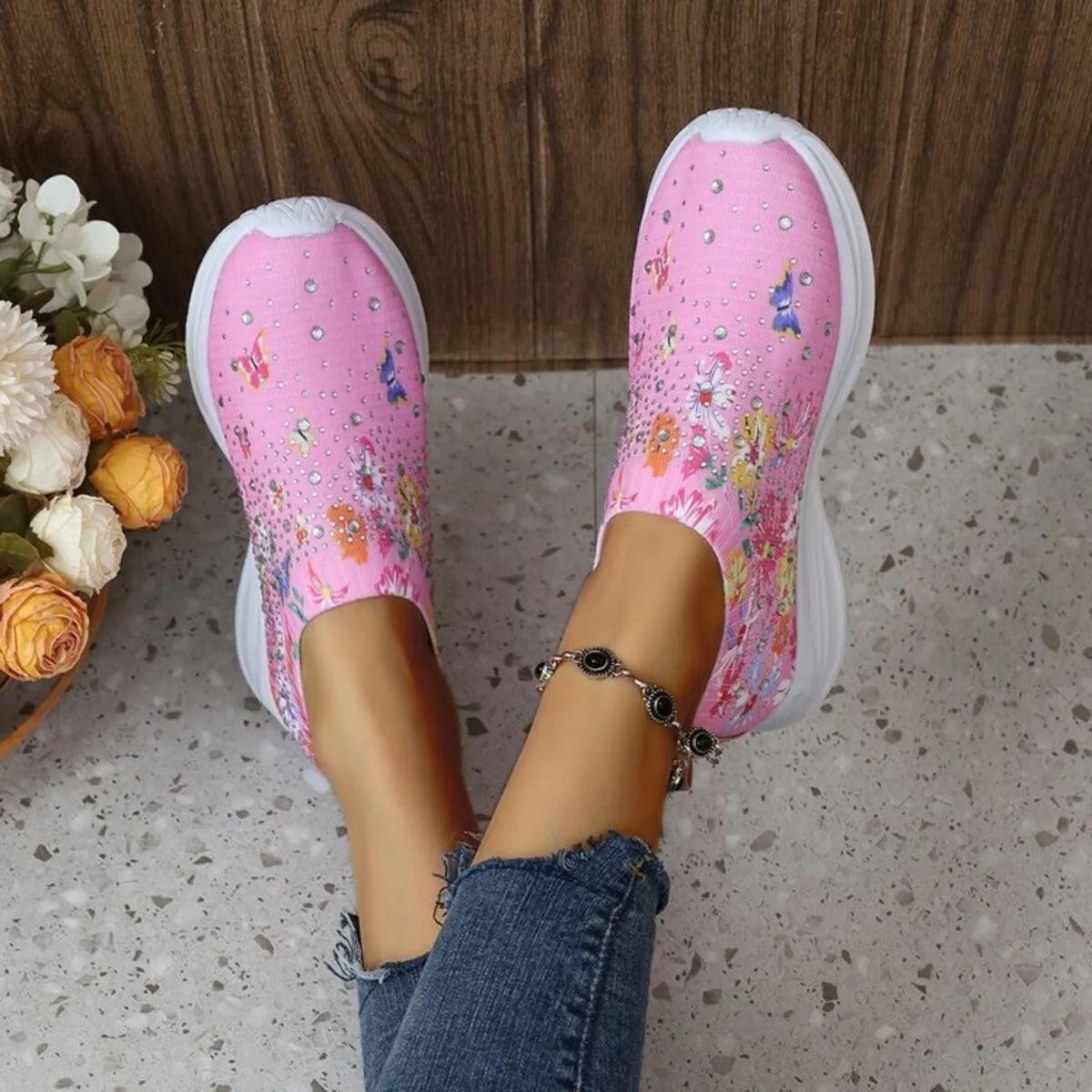 Rhinestone Floral Print Sneakers - Fashorio