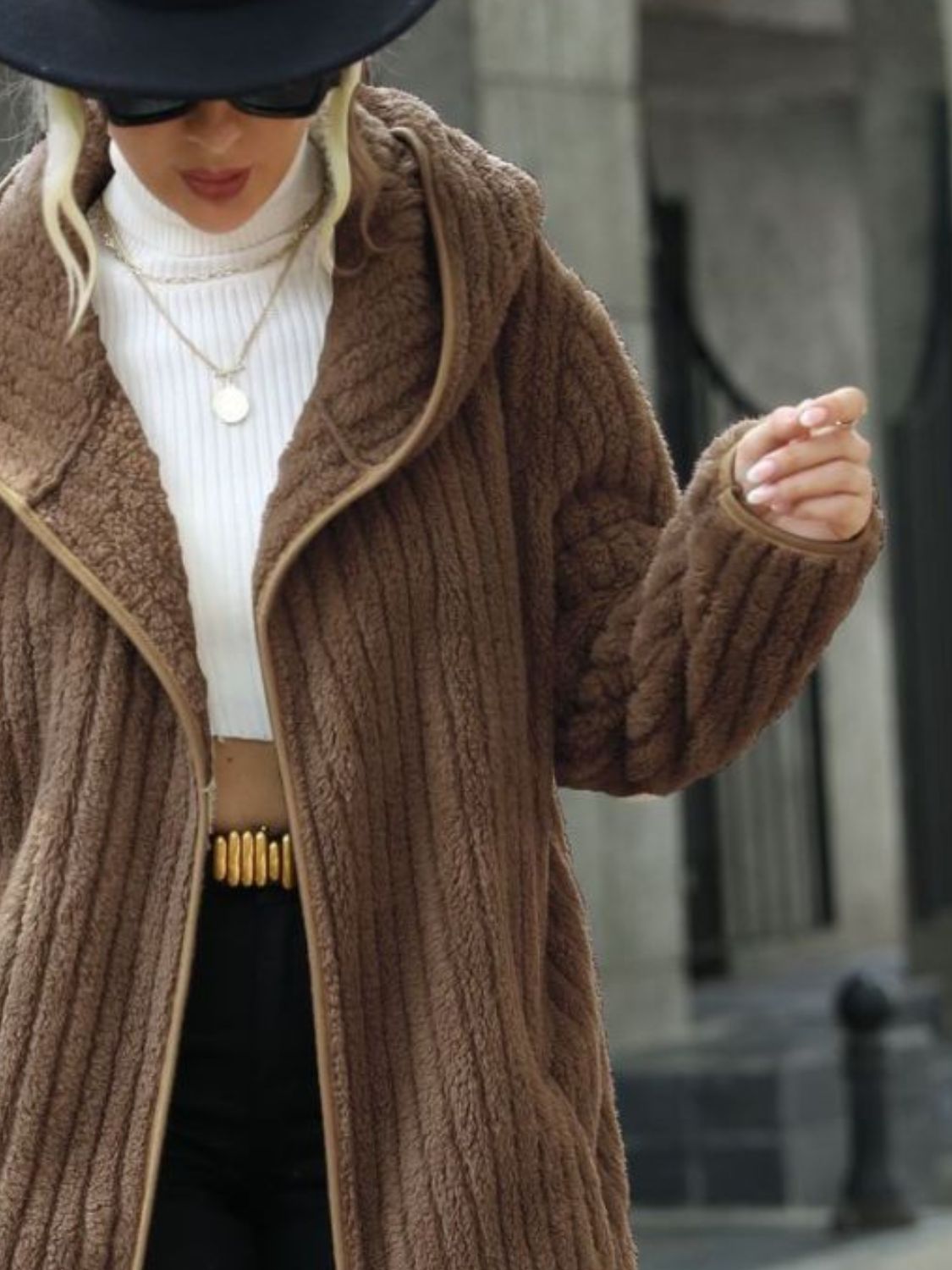 Open Front Ribbed Hooded Coat - Fashorio