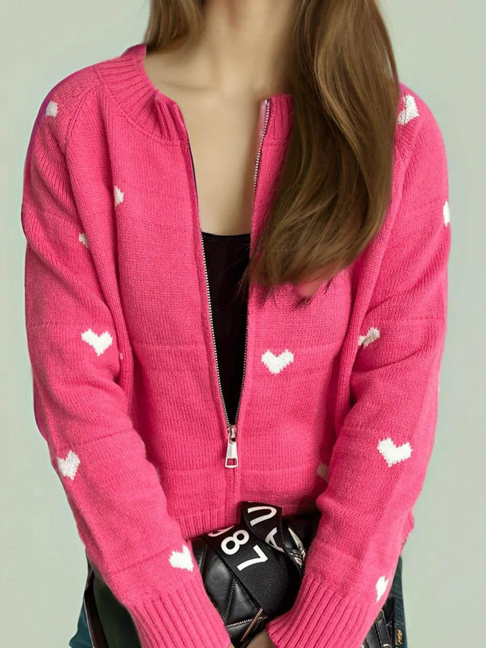 Heart Round Neck Zip Up Cardigan - Fashorio