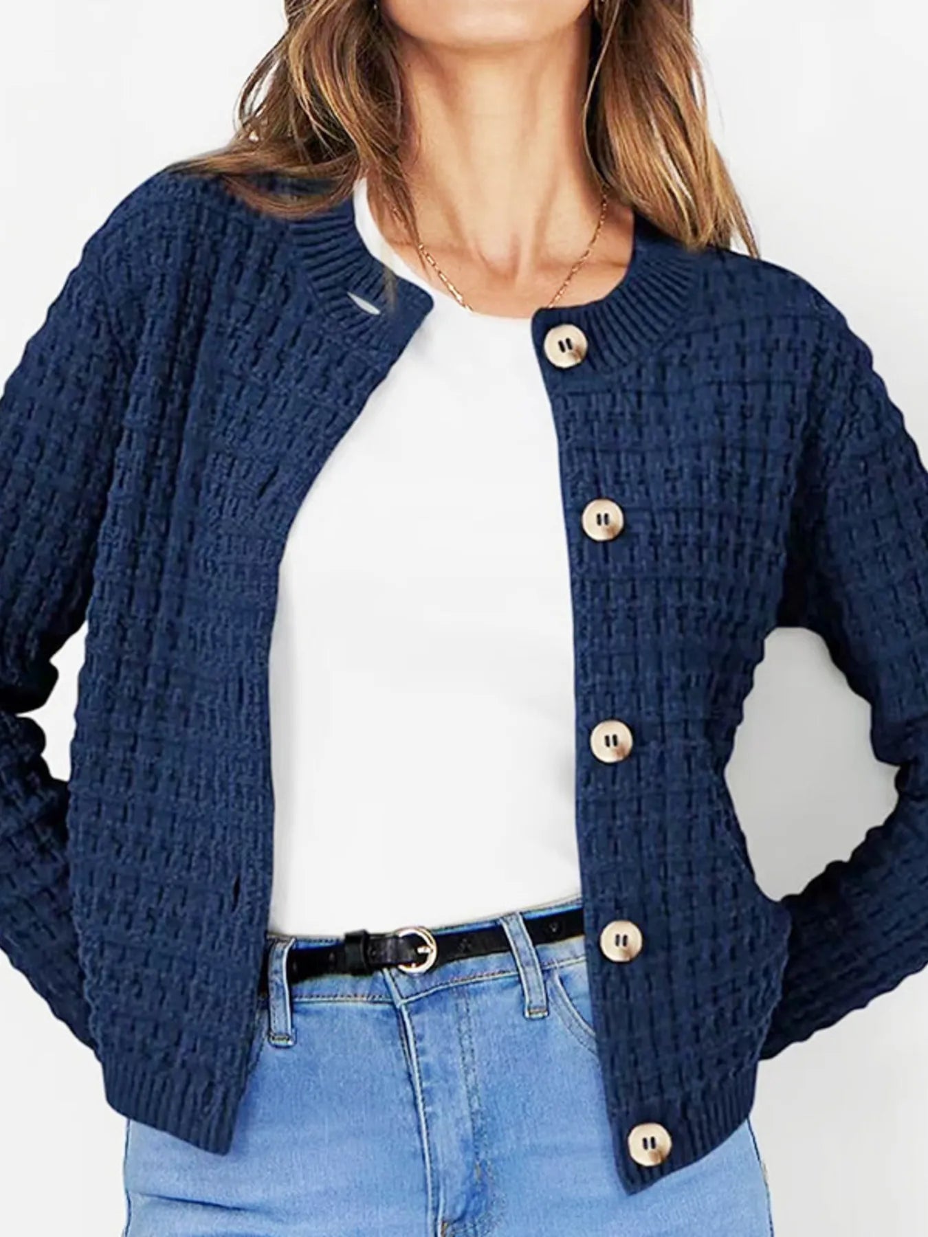 Button-Up Long Sleeve Cardigan Dark Navy - Fashorio