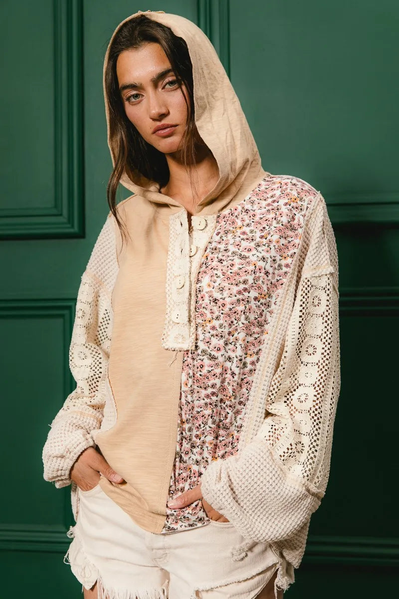 BiBi Slub Jersey with Lace Combo Buttoned Hoodie Top - Fashorio