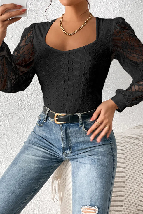 Eyelet Lace Long Sleeve Bodysuit - Fashorio