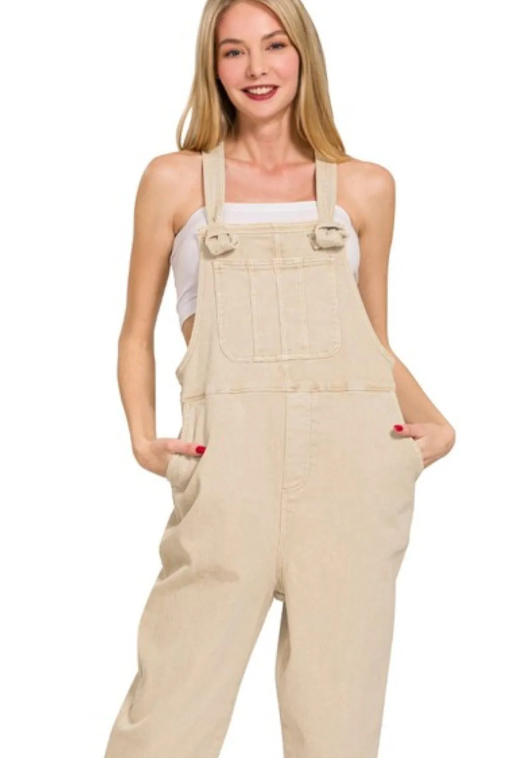 Zenana Washed Knot Strap Relaxed Fit Overalls - Fashorio