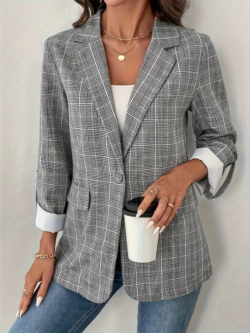 Single-Breasted Lapel Collar Plaid Blazer - Fashorio