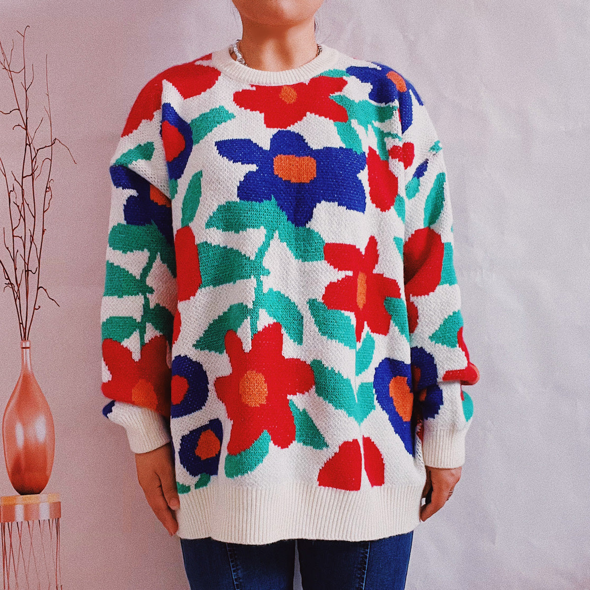 Floral Print Round Neck Drop Shoulder Sweater White - Fashorio