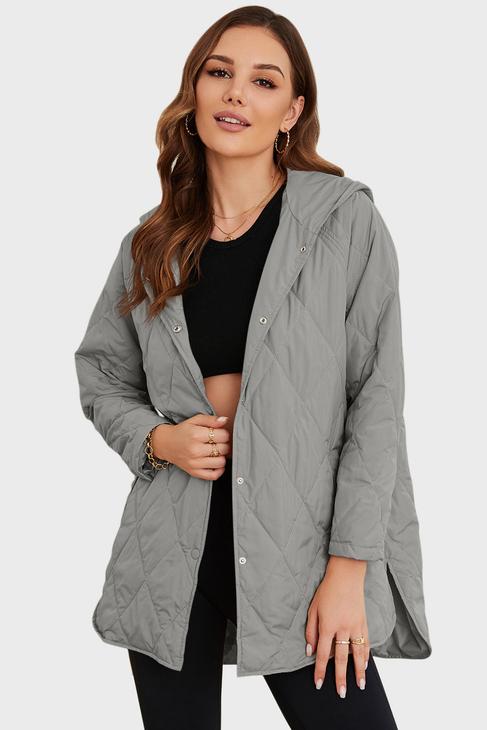 Snap Down Hooded Slit Winter Coat Light Gray - Fashorio