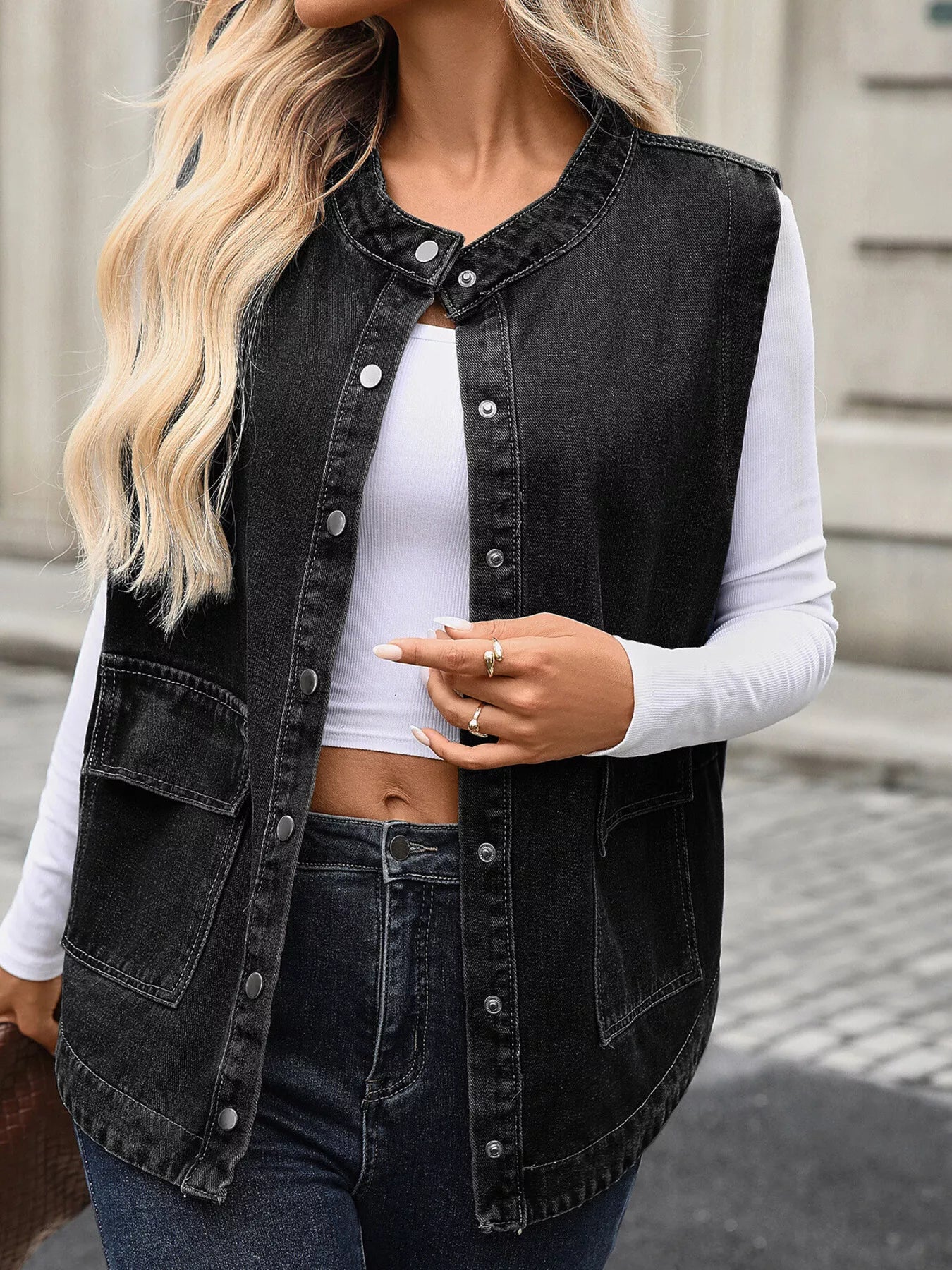 Snap Down Sleeveless Denim Jacket with Pockets - Fashorio