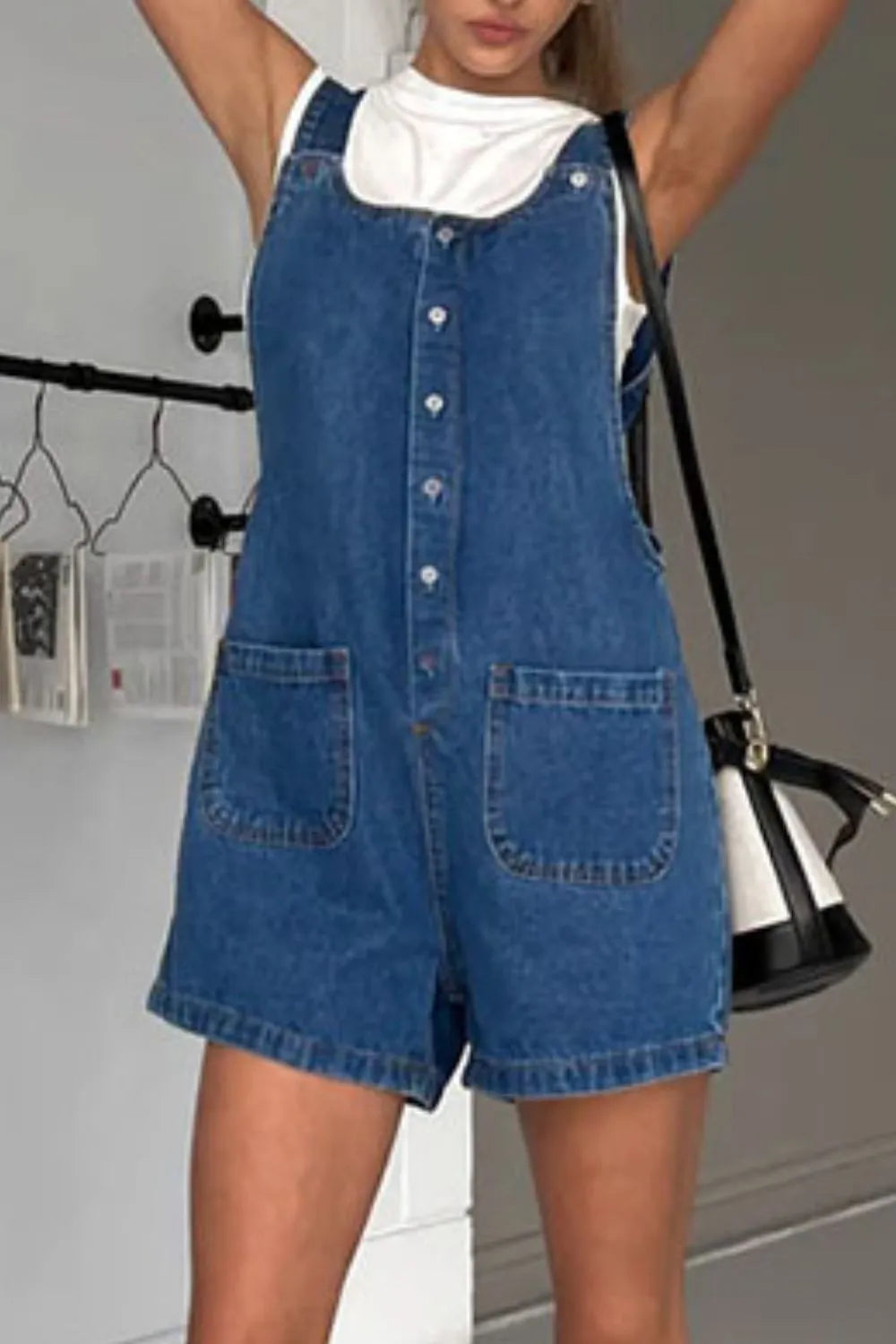 Button Front Denim Overall Shorts with Front Pockets - Fashorio
