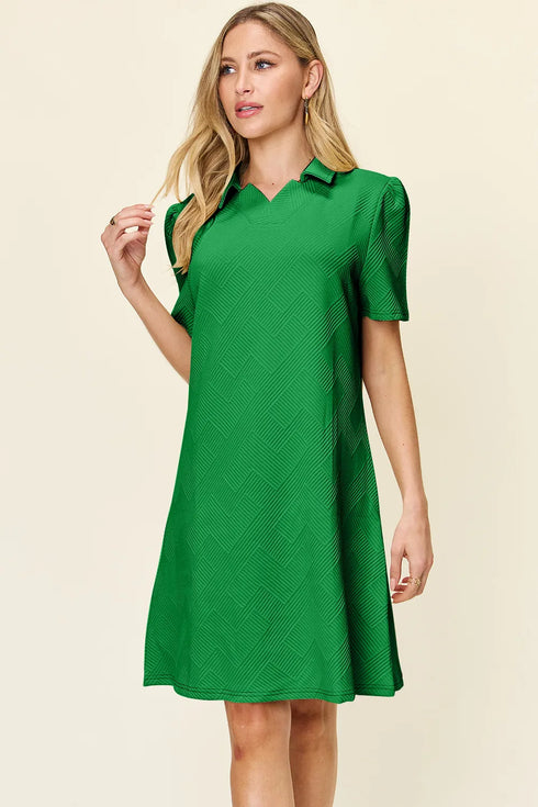 Double Take Full Size Texture Collared Neck Short Sleeve Dress Mid Green - Fashorio