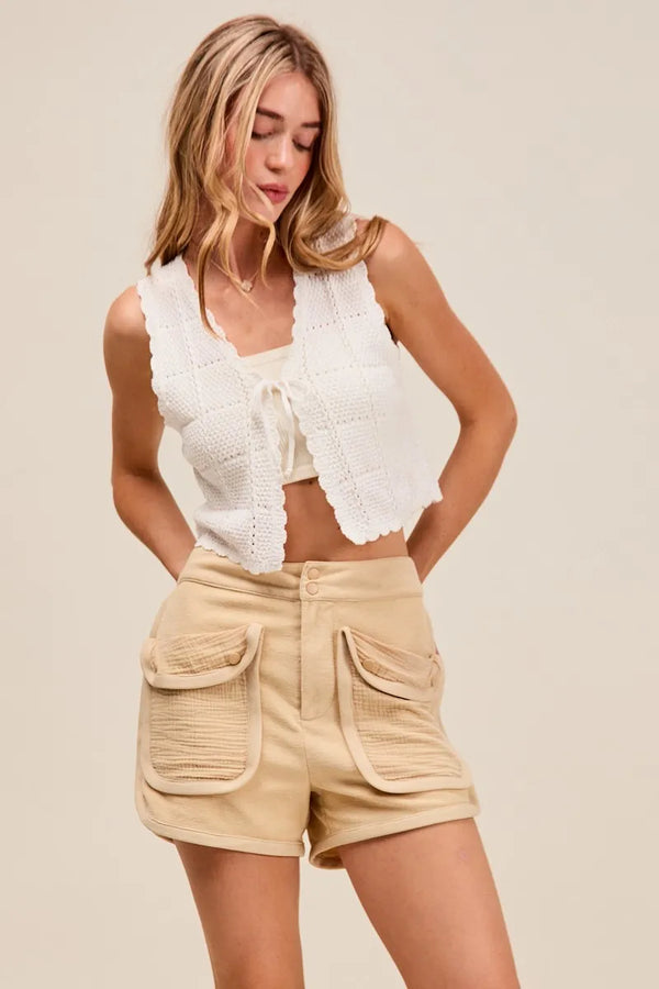 SO ME Mineral Washed Terry High Rise Cargo Shorts OATMEAL - Fashorio