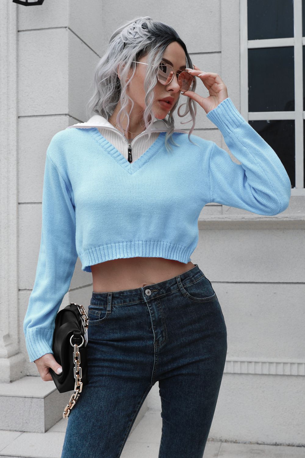 Contrast Collared Cropped Sweater Light Blue - Fashorio