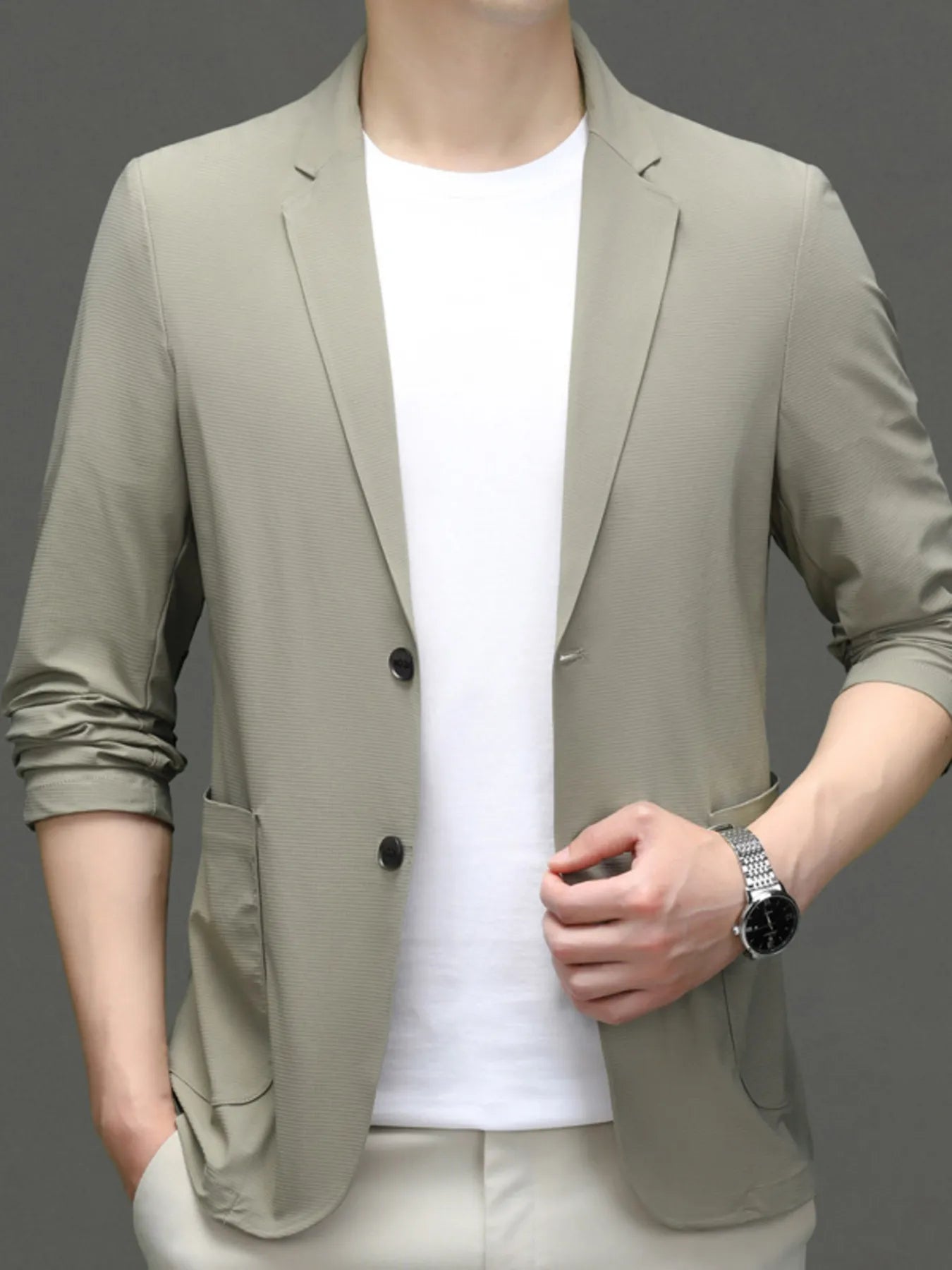 Men's Button Up Long Sleeve Blazer Khaki - Fashorio