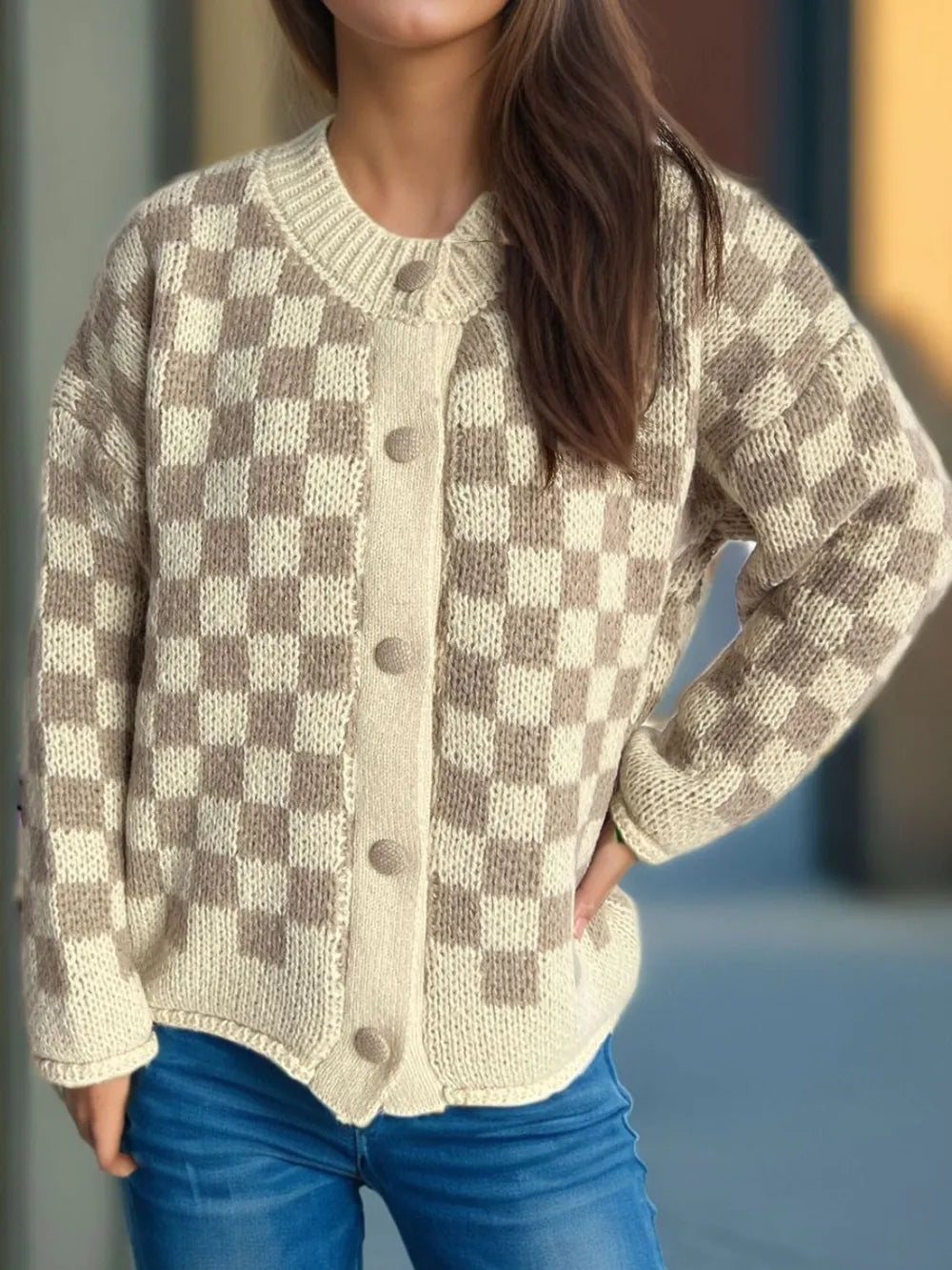 Checkered Button Up Round Neck Cardigan - Fashorio